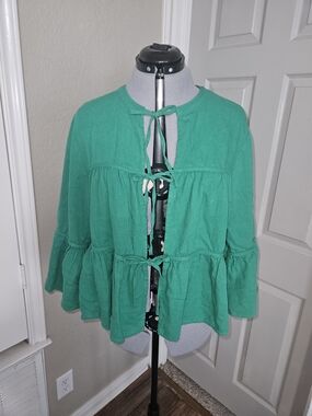 Marc New York Emerald Green Tie-Front Peplum Blouse